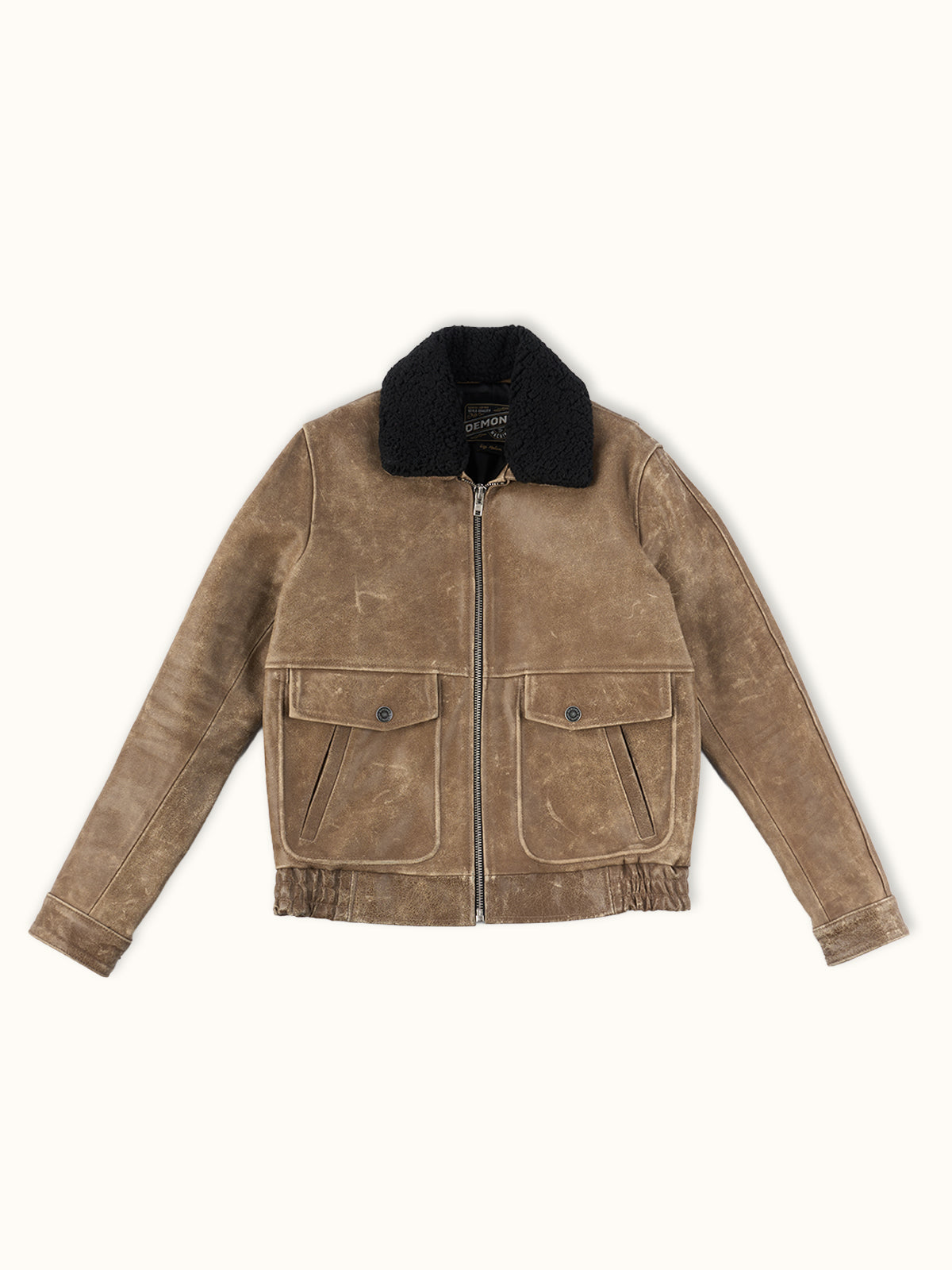 Chamarra de Piel Aviator en Café, vista frontal — 100% piel vacuna con cuello de piel. Demons & Machines. #color_café