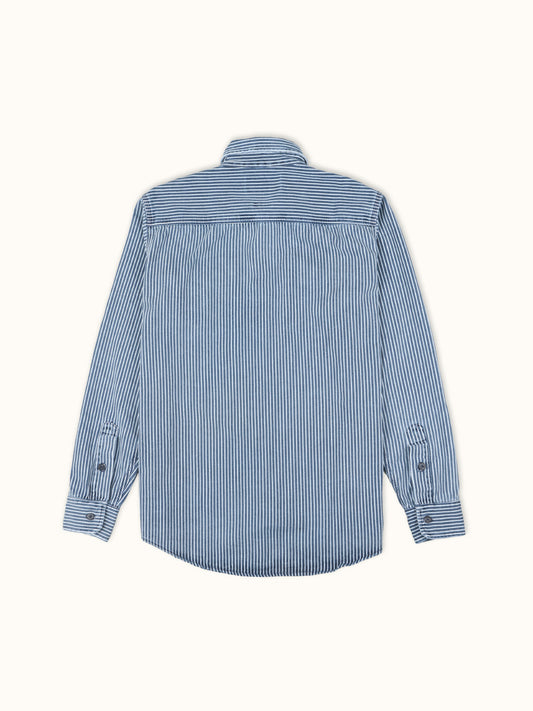 Camisa Dayton de Rayas Railroad en Azul, vista trasera — la espalda recta de corte regular. #color_azul
