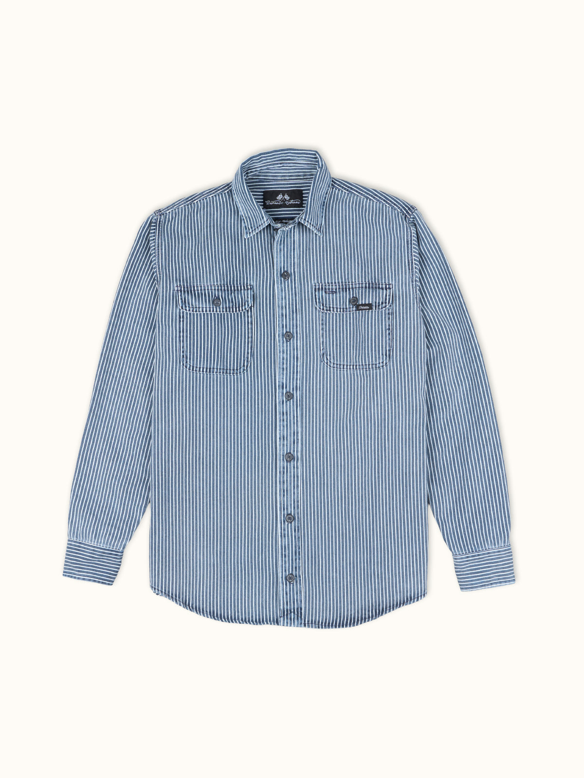 Camisa Dayton de Rayas Railroad en Azul, vista frontal — canvas de algodón a rayas. Demons & Machines. #color_azul