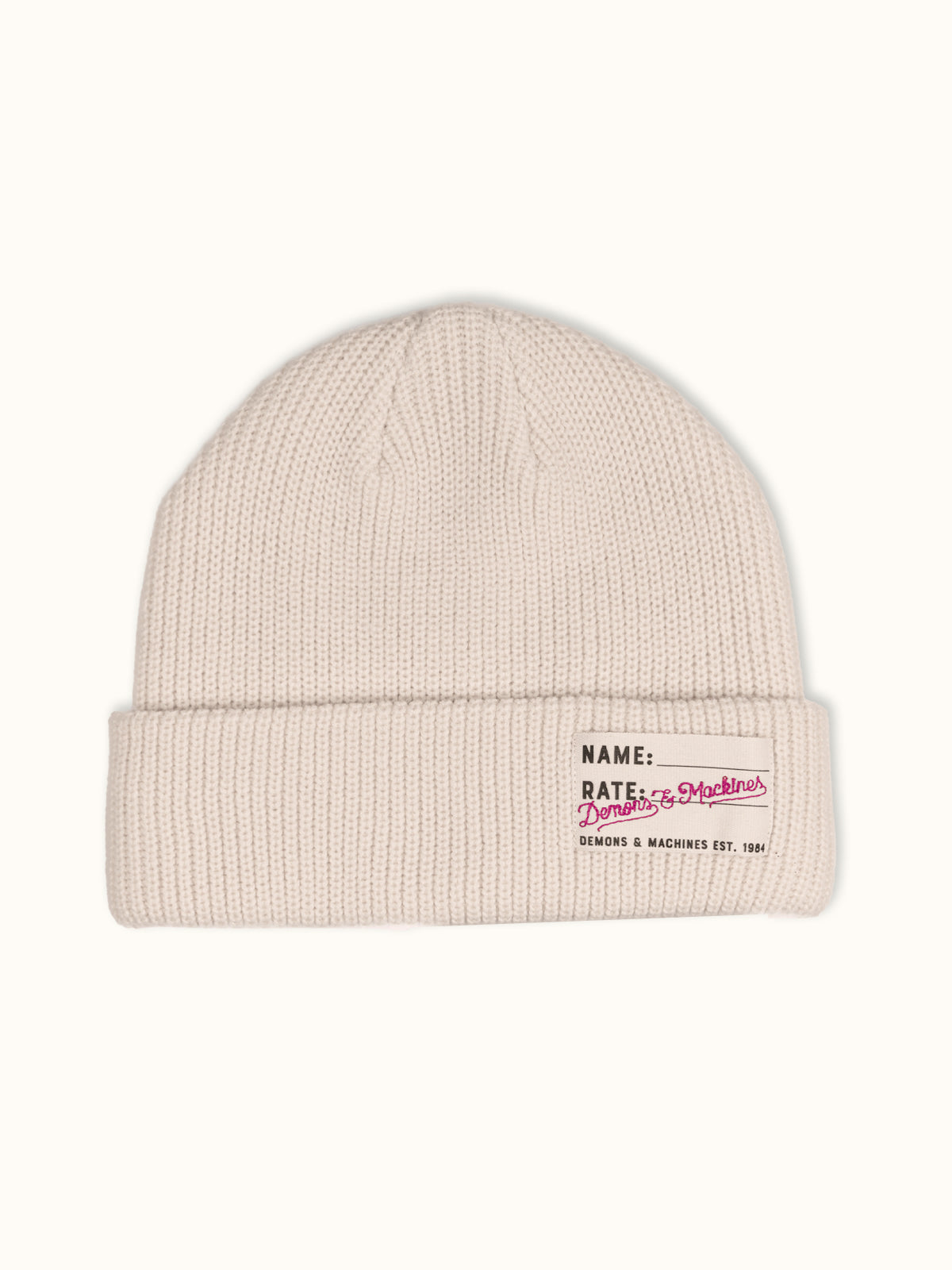 Gorro Tejido Demons en Crudo, vista frontal — tejido suave 100% acrílico. Demons & Machines. #color_crudo
