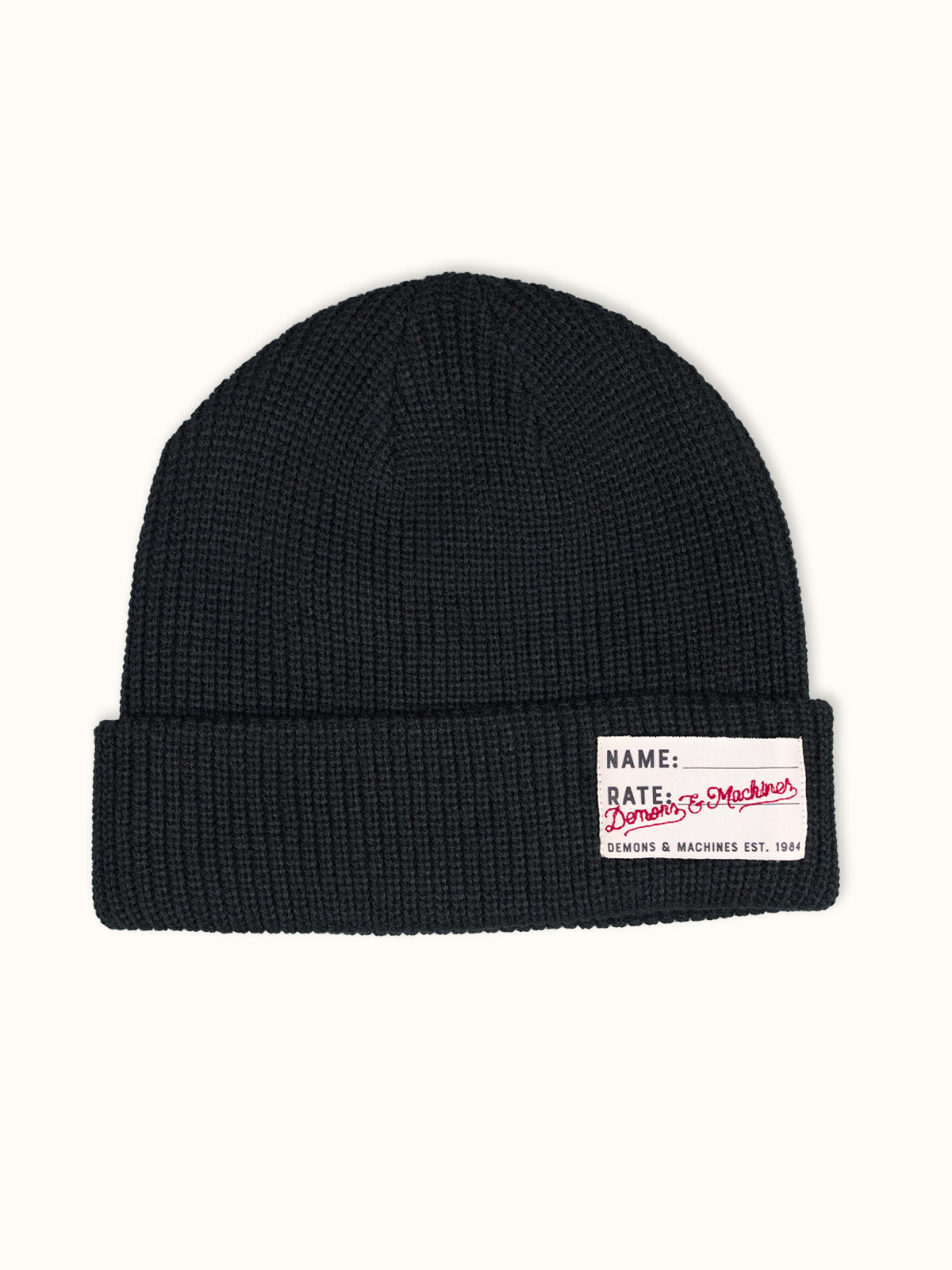 Gorro Tejido Demons en Negro, vista frontal — tejido suave 100% acrílico. Demons & Machines. #color_negro