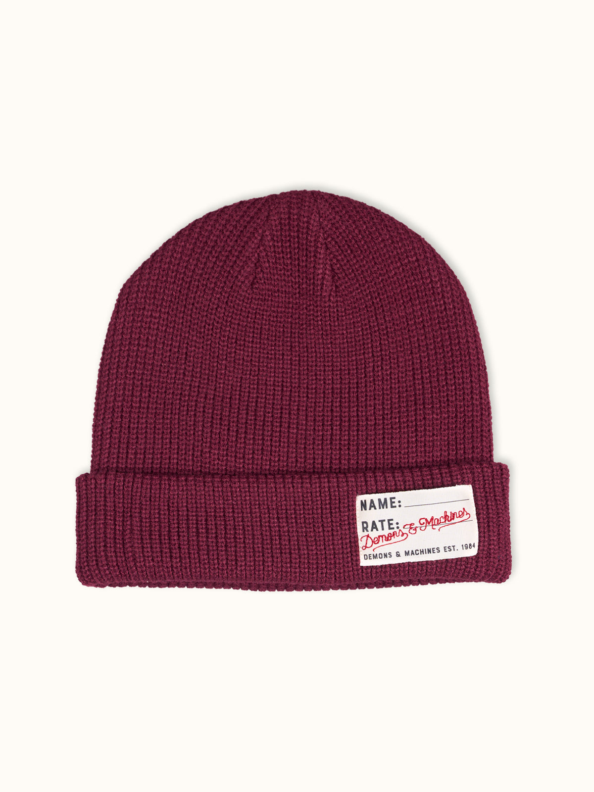 Gorro Tejido Demons en Vino, vista frontal — tejido suave 100% acrílico. Demons & Machines. #color_vino