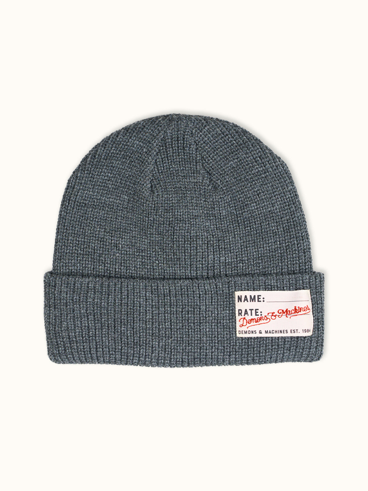 Gorro Tejido Demons en Gris, vista frontal — tejido suave 100% acrílico. Demons & Machines. #color_gris