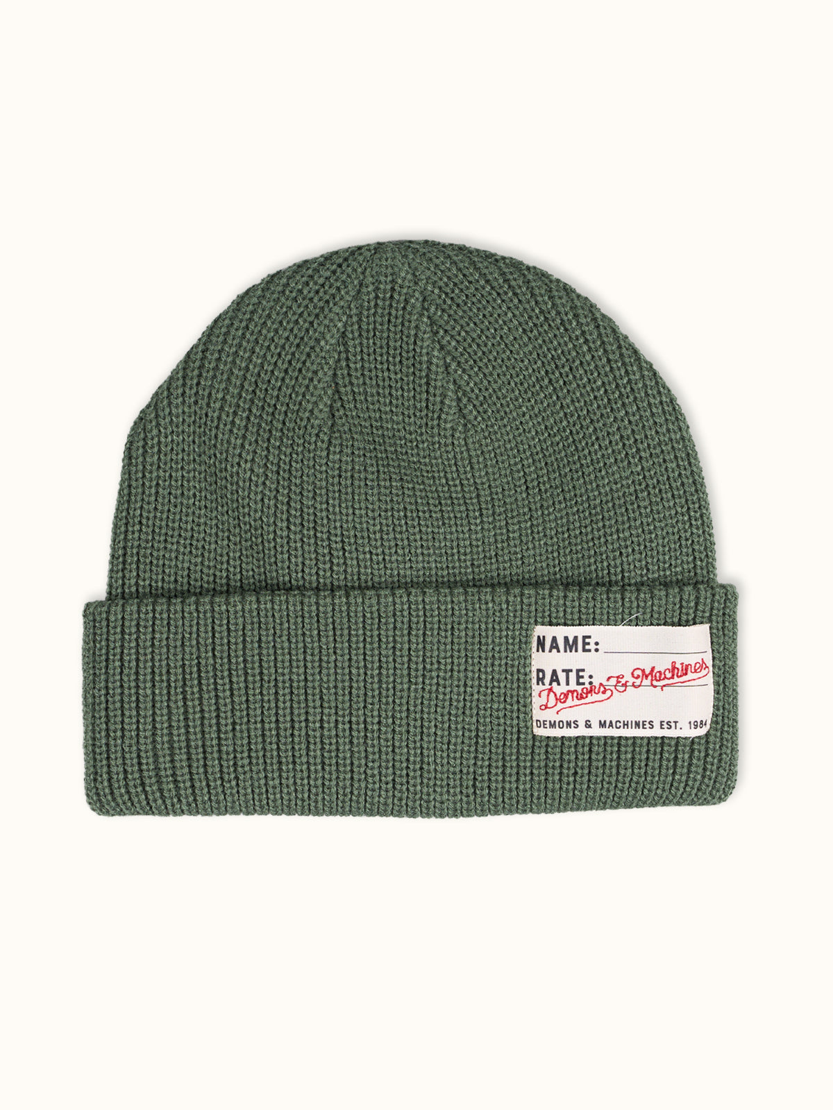 Gorro Tejido Demons en Verde Militar, vista frontal — tejido suave 100% acrílico. Demons & Machines. #color_verde_militar