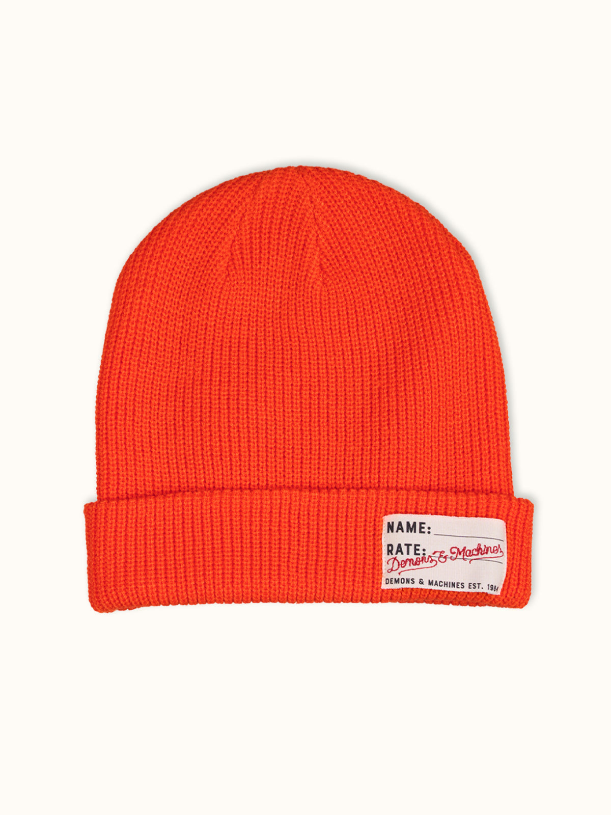 Gorro Tejido Demons en Naranja, vista frontal — tejido suave 100% acrílico. Demons & Machines. #color_naranja