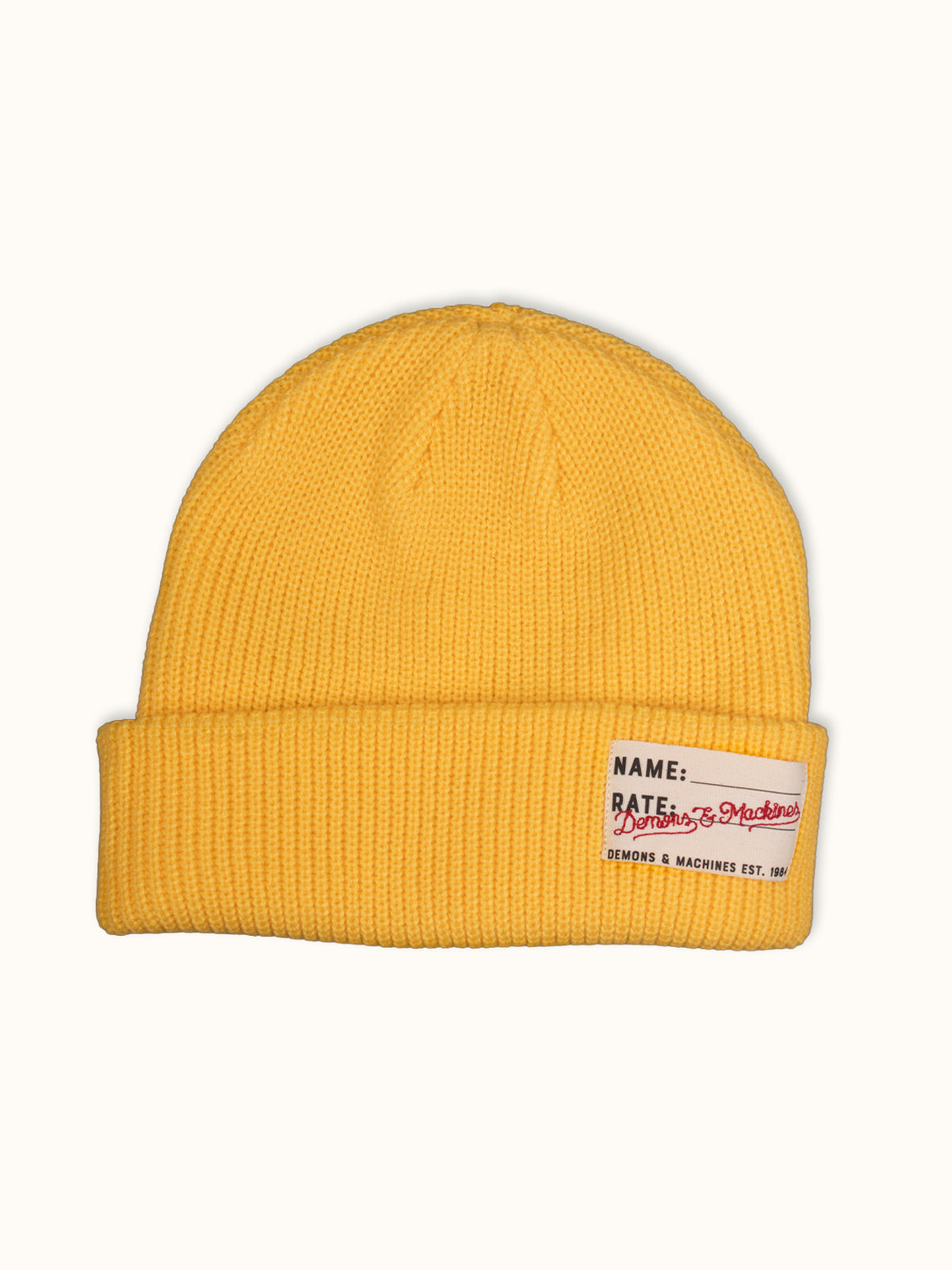 Gorro Tejido Demons en Amarillo, vista frontal — tejido suave 100% acrílico. Demons & Machines. #color_amarillo
