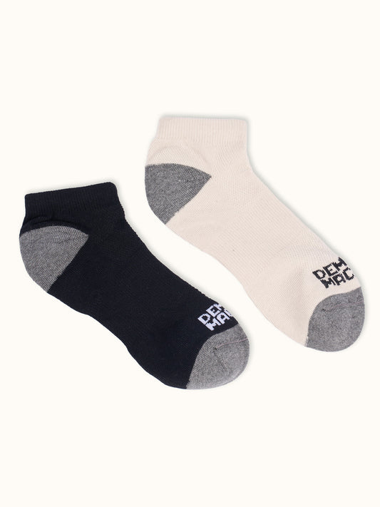 Detroit Low-Cut Socks 2-Pack in Ivory/Black, front view — soft cotton blend. Demons & Machines. 
