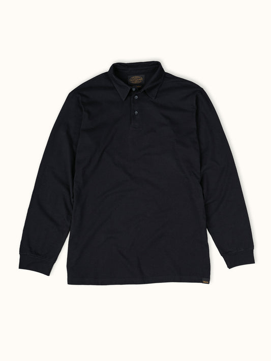 Playera Polo Manga Larga en Negro, vista frontal — jersey suave 100% algodón. Demons & Machines. #color_negro