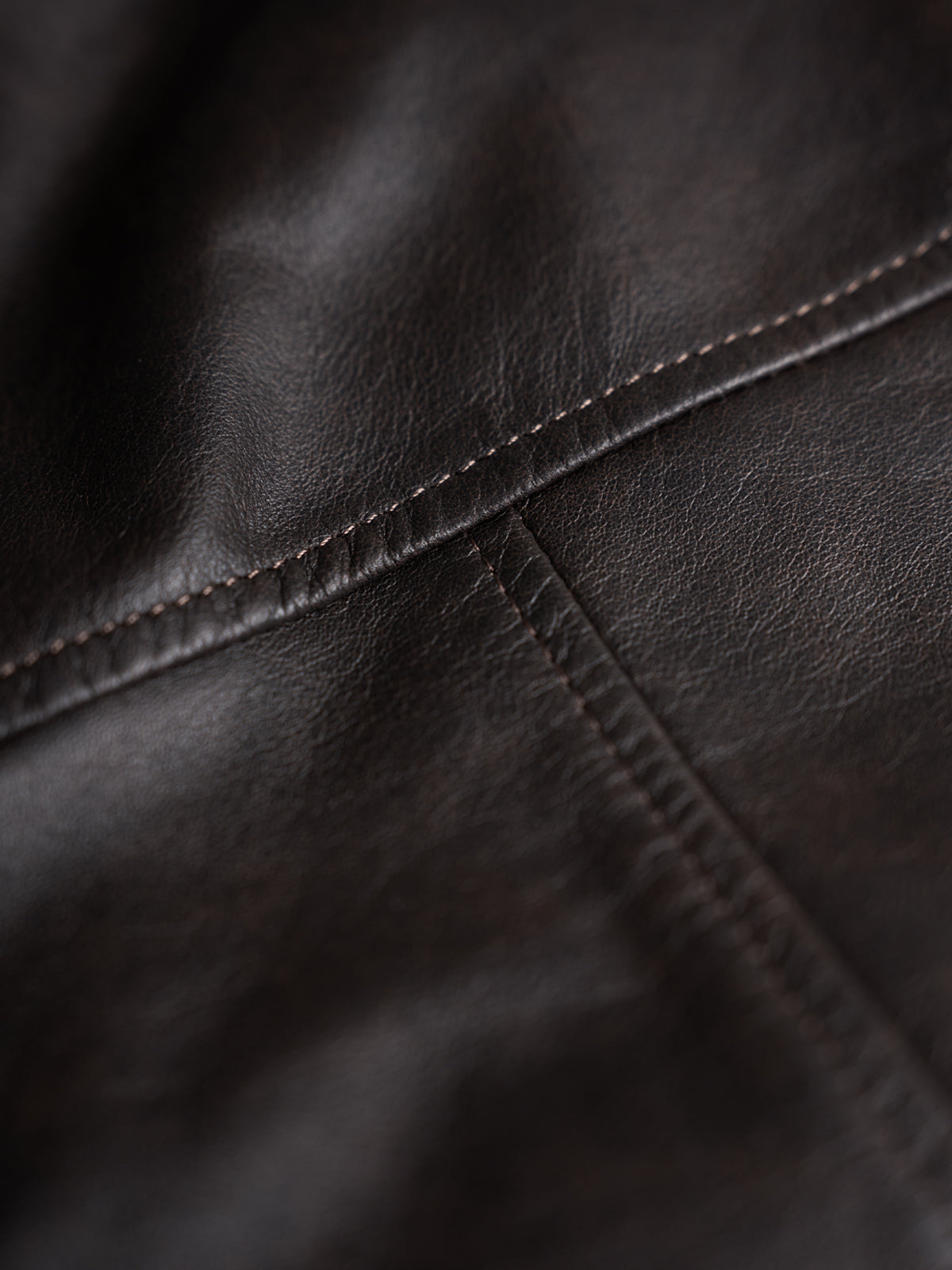 Chamarra de Piel Michigan, detalle — cuello alto con correa ajustable de hebilla metálica y bolsas de parche. #color_café
