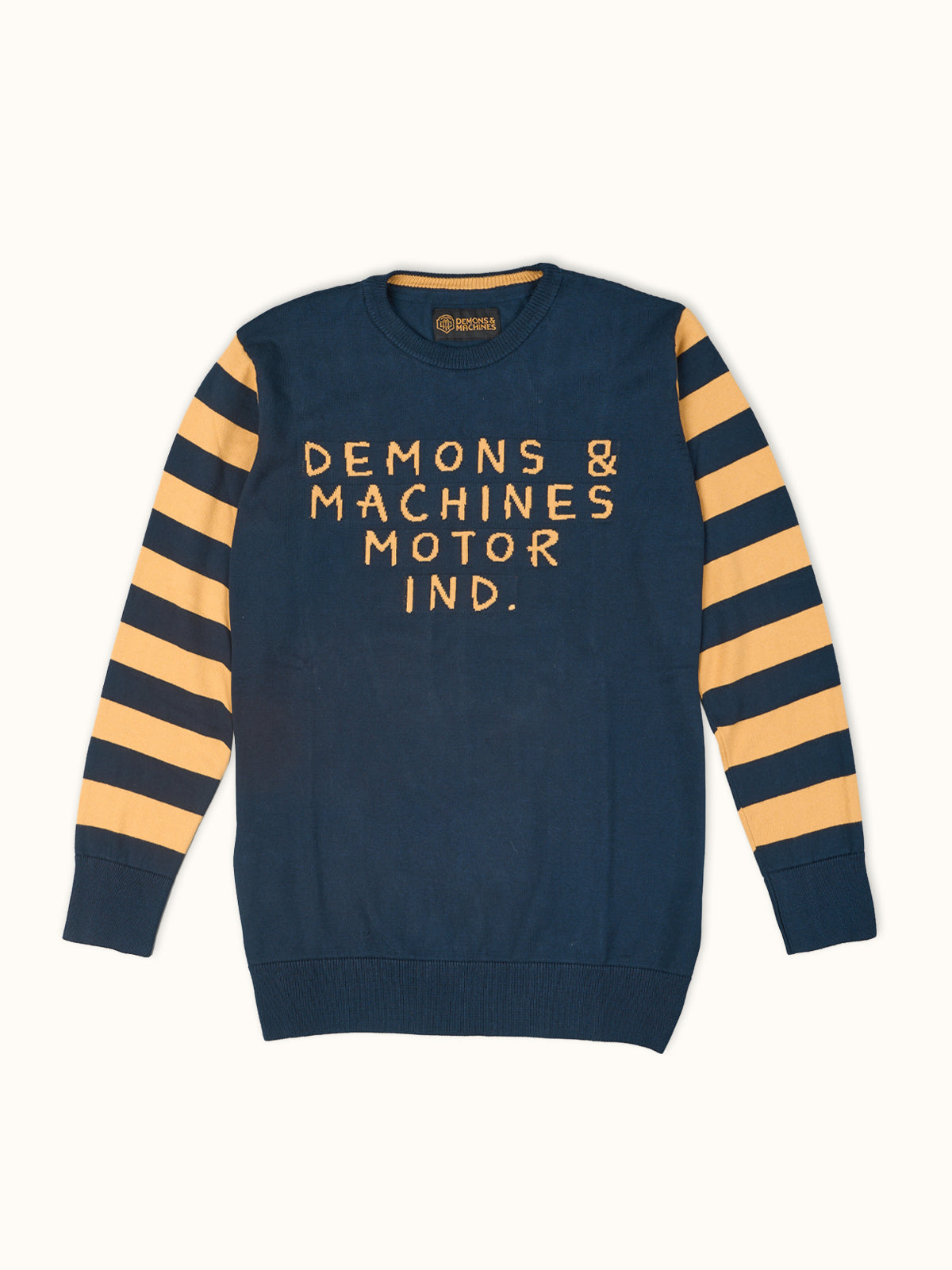 Suéter Jacquard Maine en Azul Marino, vista frontal — hilado 100% algodón. Demons & Machines. #color_azul_marino