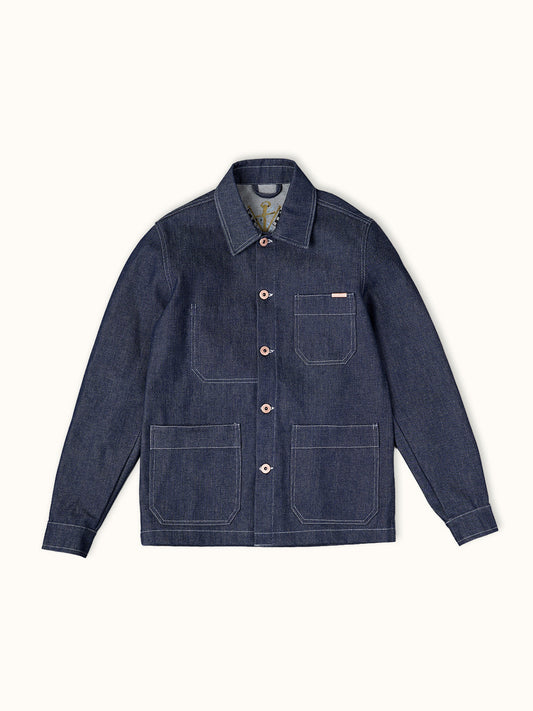 Chamarra Camisera Sendai en Azul Crudo, vista frontal — mezclilla cruda rígida de 14. Demons & Machines. #color_azul_crudo